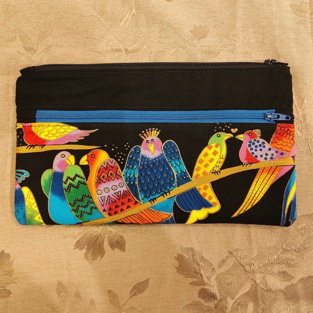 Original Rags by Marti Rainbow Birds Double Zip Pouch, Excellent Used Condition!